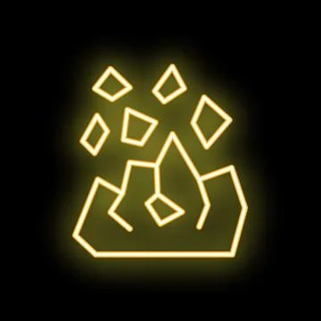 Yellow neon sign depicting exploding rocks on black background Illustrazione stock