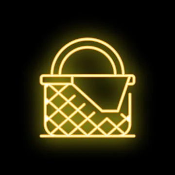 Yellow neon sign of empty picnic basket glowing on black background Stock Illustration
