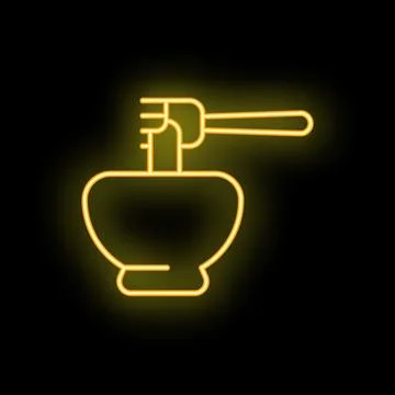 Yellow neon sign of fork lifting spaghetti from bowl on black background Stock Illustration
