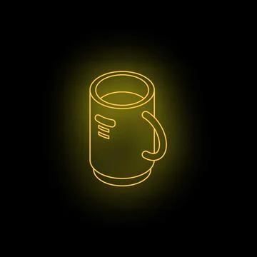Yellow neon sign of generic branded mug on black background Stock Illustration