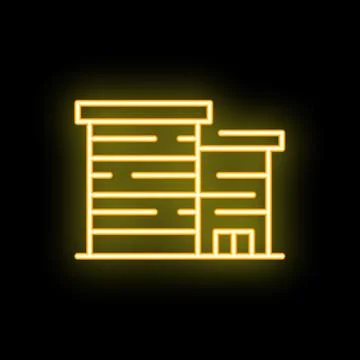 Yellow neon sign of a generic multi storey building on a black background Ilustración de archivo