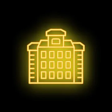 Yellow neon sign of multi storey residential building on black background Ilustración de archivo