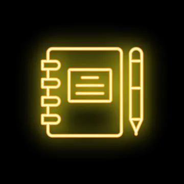 Yellow neon sign of a notepad and pen on a black background Stock Illustration