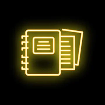 Yellow neon sign of a notepad with documents on black background Stock Illustration