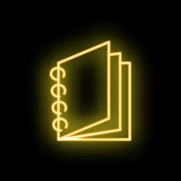 Yellow neon sign of open notebook on black background Stock Illustration
