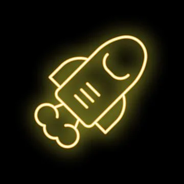 Yellow neon sign of rocket taking off on black background Stock Illustration