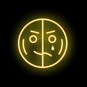 Yellow neon sign showing split personality with half face smiling and half .. Stock Illustration
