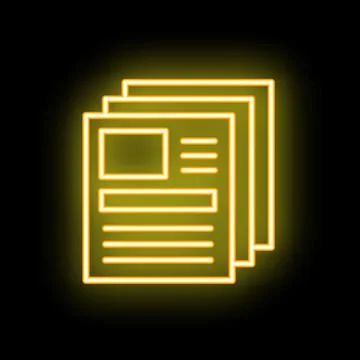 Yellow neon sign showing stack of documents on black background Illustrazione stock