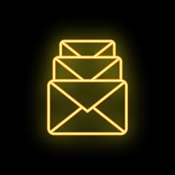 Yellow neon sign showing stack of three envelopes on black background Illustrazione stock