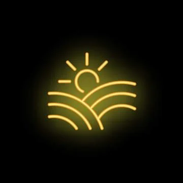 Yellow neon sign of sun shining over rolling hills Ilustração Stock