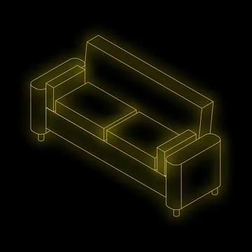 Yellow neon sofa glowing on black background Stock Illustration