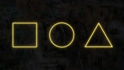 Yellow neon stroke animation of square, circle, and triangle on graffiti wall Stock Footage 312345335