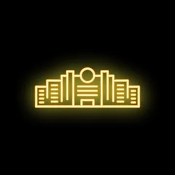 Yellow neon style icon representing a university campus building with a circu Ilustración de archivo