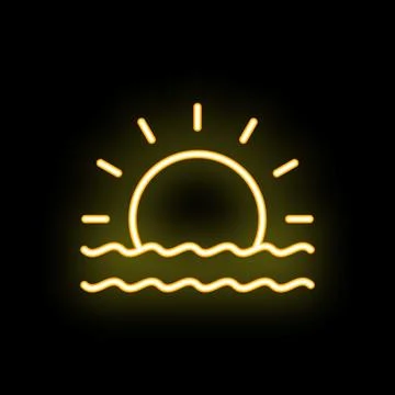 Yellow neon sun setting over wavy water on black background Ilustração Stock
