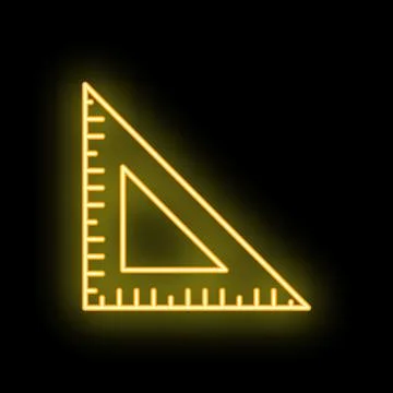 Yellow neon triangle ruler glowing on black background Stock Illustration