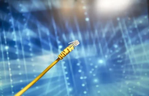 Yellow network cable with rj-45 connector on a blue background Stock Photos