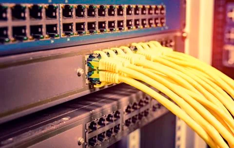 Yellow network cable in switch and firewall in cloud computing data center se Stock Photos