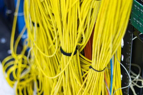 The yellow network cables in the server room for connecting to a network Stock Photos