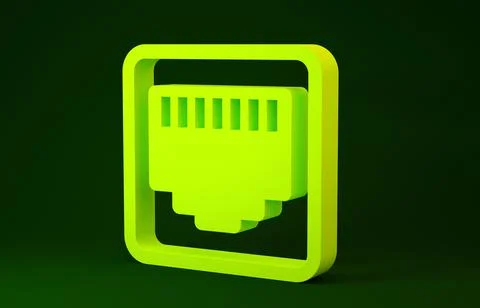 Yellow Network port - cable socket icon isolated on green background. LAN, et Illustrazione stock