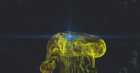 Yellow neural network image over dark background with blue light 写真素材