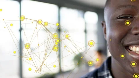 Yellow node network drifting, glowing, causing right man opening eyes and Stock Footage 333774374