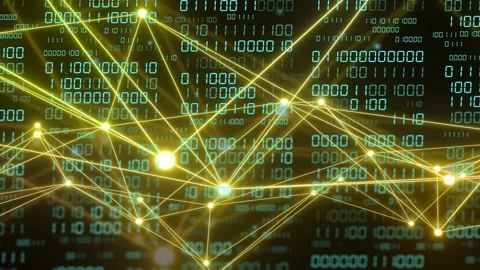 Yellow node network receiving burst, pulsing along gold lines over teal 0 or 1 Stock Footage 335739435