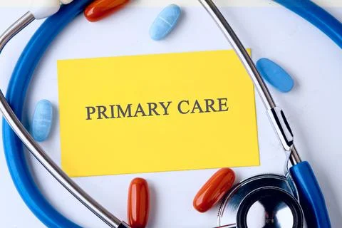 A yellow note displays the term primary care alongside a stethoscope and various Stock Photos