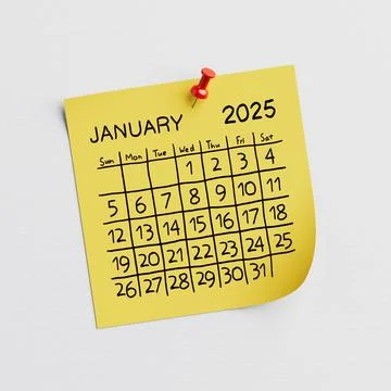 Yellow Note Paper with 2025 Year January Handwritten Calendar and Thumbtack.. 스톡 일러스트