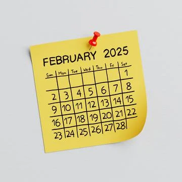 Yellow Note Paper with 2025 Year February Handwritten Calendar and Thumbtac.. 스톡 일러스트
