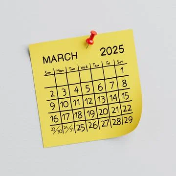 Yellow Note Paper with 2025 Year March Handwritten Calendar and Thumbtack P.. Illustrazione stock
