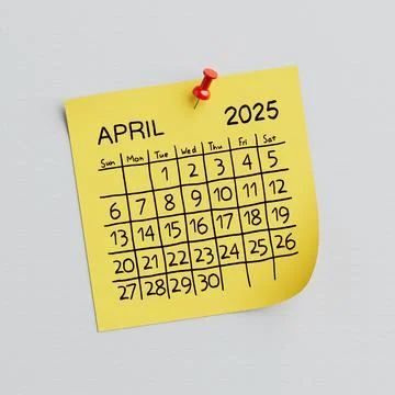Yellow Note Paper with 2025 Year April Handwritten Calendar and Thumbtack P.. Illustrazione stock