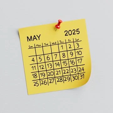 Yellow Note Paper with 2025 Year May Handwritten Calendar and Thumbtack Pin.. 스톡 일러스트