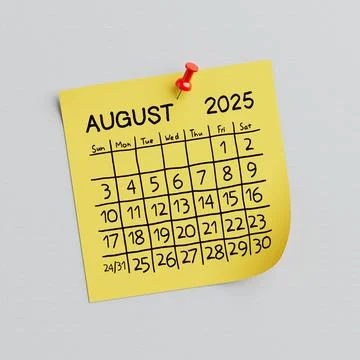 Yellow Note Paper with August of 2025 Year May Handwritten Calendar and Thu.. 스톡 일러스트