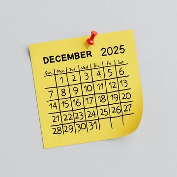 Yellow Note Paper with December of 2025 Year May Handwritten Calendar and T.. Illustrazione stock