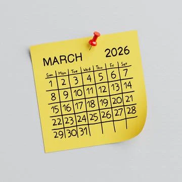 Yellow Note Paper with March of 2026 Year May Handwritten Calendar and Thum.. Stock Illustration