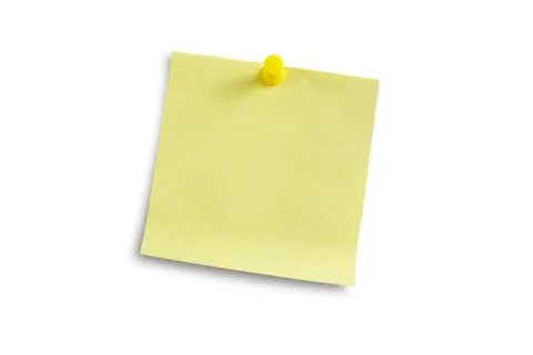 Yellow note paper with red pin isolated on white background. Stock Photos