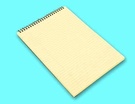 Yellow notepad on a blue surface with a spiral binding and clean, lined pages Stock Photos