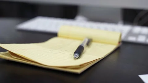 Yellow Notepad Pen On Office Desk Stock Footage 338426664