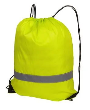 Yellow nylon drawstring bag with reflective tape, isolated over white Stock Photos