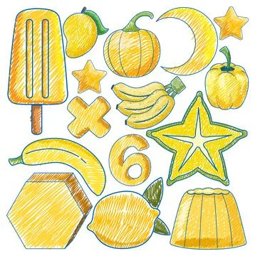 Yellow Objects in Pencil Colour Sketch Simple Style Stock Illustration
