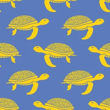 Yellow Ocean Turtle Icon Seamless Pattern Isolated on Blue Background. Sea Gr イラスト素材