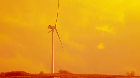 Yellow -ocher grading wind power plant on Celestial background Stock Footage 74719685