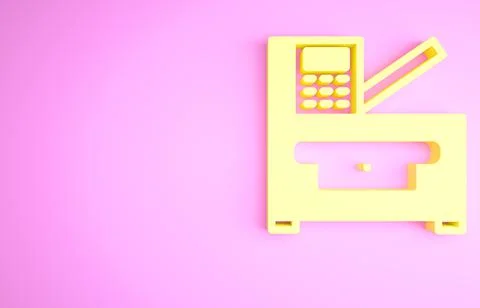 Yellow Office multifunction printer copy machine icon isolated on pink backgr Stock Illustration