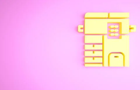 Yellow Office multifunction printer copy machine icon isolated on pink backgr Stock Illustration