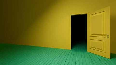 Yellow open door to darkness in empty room with green floor Stock Illustration