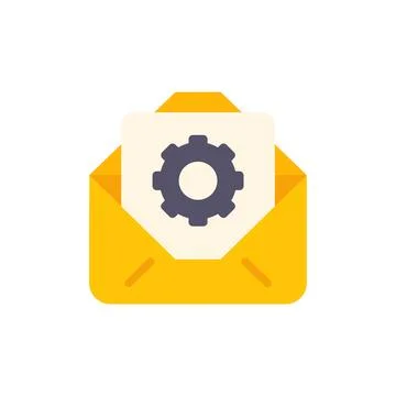 Yellow open envelope containing document with gear icon showing technical s.. Stock Illustration