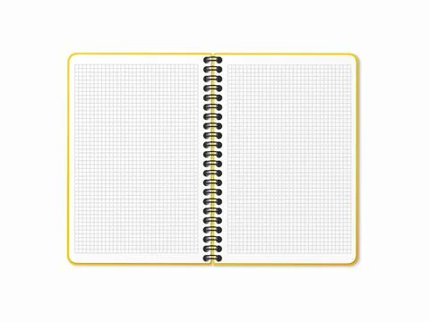 Yellow open notebook with vertical spiral. Blank sheets in a cage. Vector ill Stock Illustration