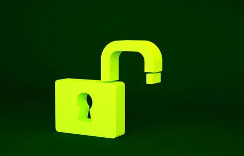 Yellow Open padlock icon isolated on green background. Opened lock sign. Cybe Stock Illustration
