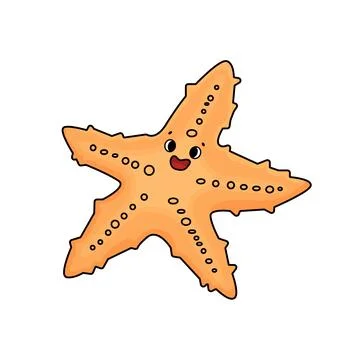 Yellow or orange outline vector doodle cartoon of a smiling sea star. happy S Stock Illustration