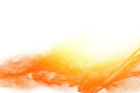 Yellow orange dust particles explosion on white background. Powder dust splas Ilustração Stock